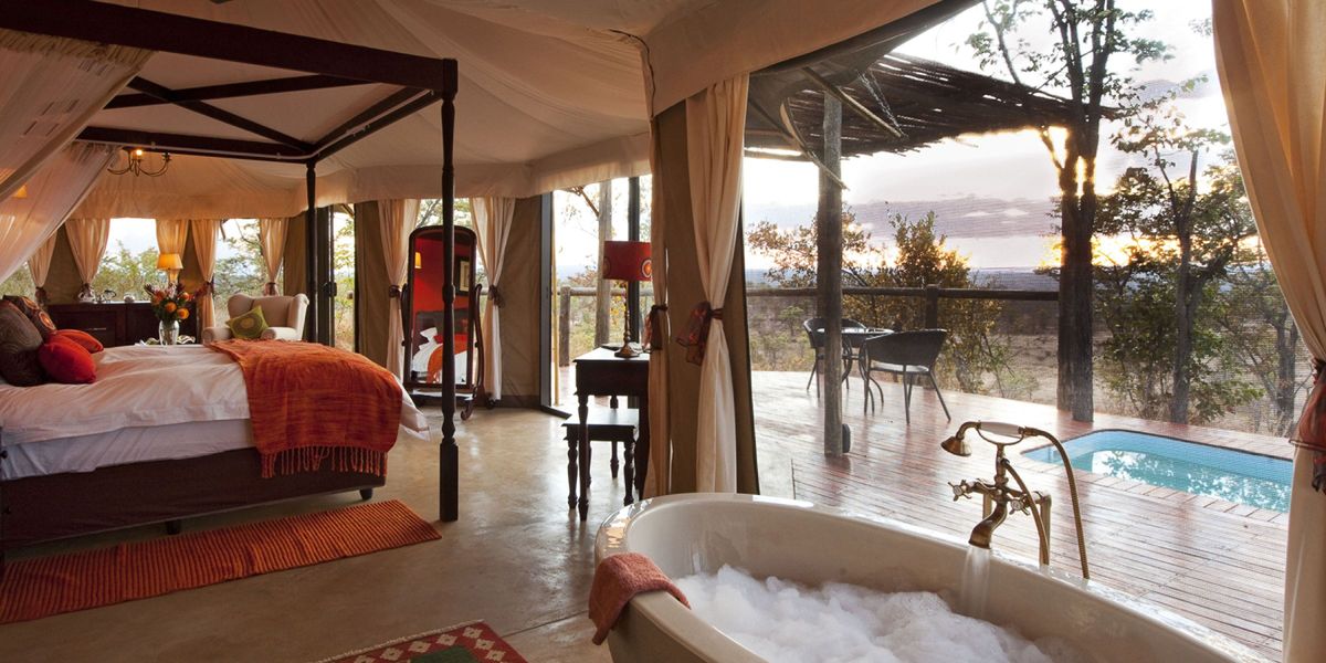 Suite with a view and pool at The Elephant Camp, Victoria Falls, Zimbabwe